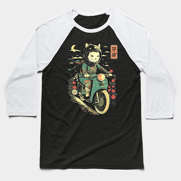 Japanese Samurai Cat on Motorcycle Kawaii Ninja Cat Baseball T-Shirt by Apocatnipse Meow